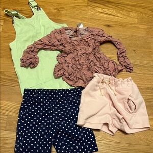 Lot Set of 3 Kids' Polka Dot Shorts, Top, Green Overalls, Pink Shorts GUC